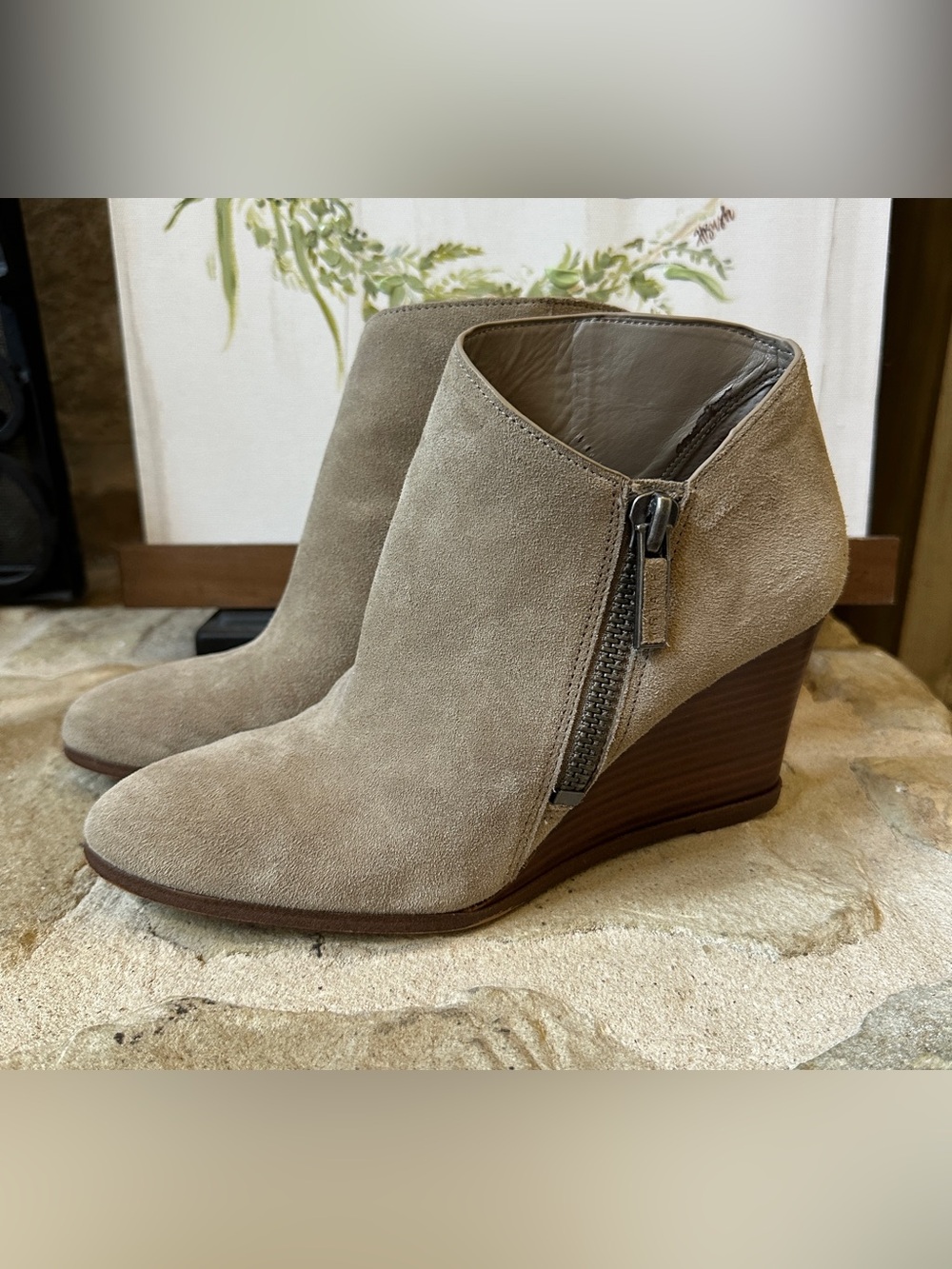 1.State Women’s Suede Booties Short Boots Wedge Size 8.5 US 39 Tan Beige